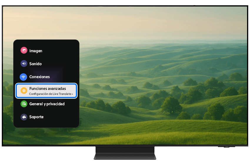 Samsung Smart TV displaying the side bar menus with Advanced Features selected.